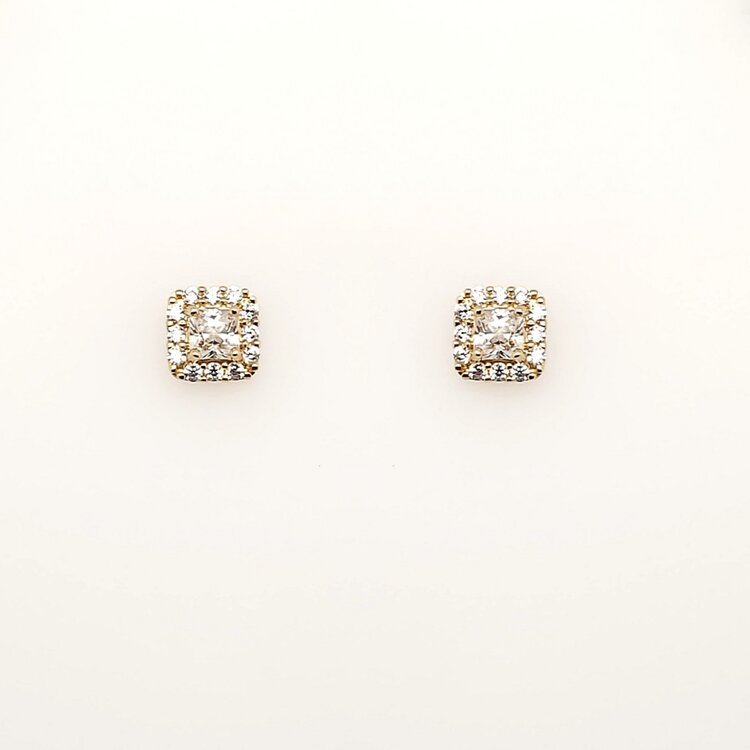 31456 14K YELLOW GOLD 5.45MM SQUARE CUBIC ZIRCONIA HALO PUSHBACKS STUDS BABY EARRINGS