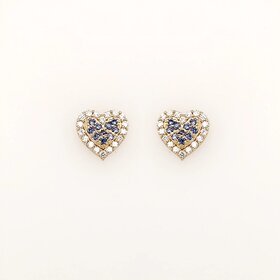 31447 14K  YELLOW GOLD WHITE AND BLUE CUBIC ZIRCONIA RAISED CENTER HEART HALOSCREWBACKS BABY EARRINGS