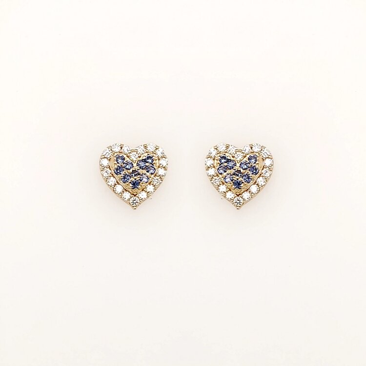 31447 14K  YELLOW GOLD WHITE AND BLUE CUBIC ZIRCONIA RAISED CENTER HEART HALOSCREWBACKS BABY EARRINGS