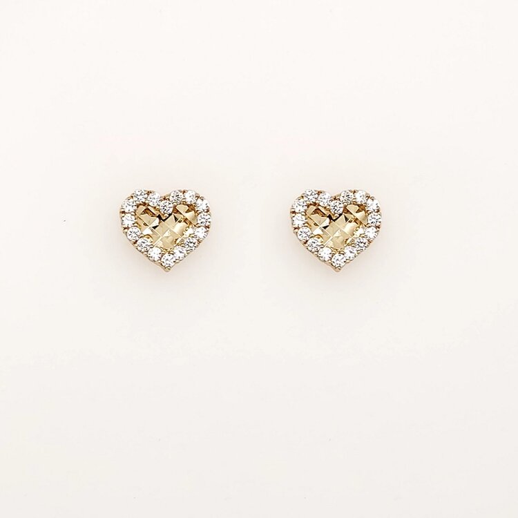 31449 14K YELLOW GOLD CUBIC ZIRCONIA DIAMOND CUT CENTER HEART SCREWBACKS  BABY EARRINGS
