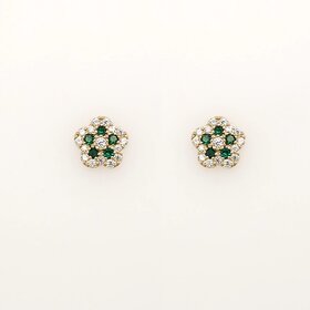 31452 14K YELLOW GOLD 5.80MM GREEN AND WHITE CUBIC ZIRCONIA FLOWER STUDS SCREWBACKS BABY EARRINGS