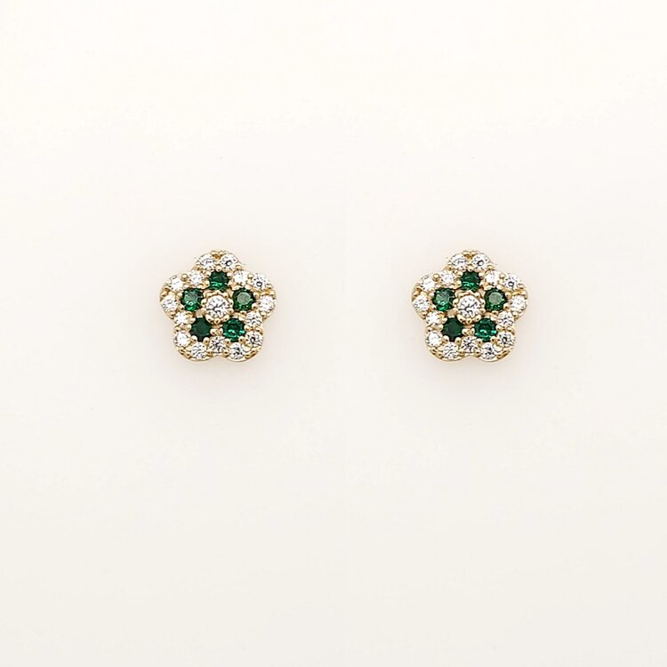 31452 14K YELLOW GOLD 5.80MM GREEN AND WHITE CUBIC ZIRCONIA FLOWER STUDS SCREWBACKS BABY EARRINGS