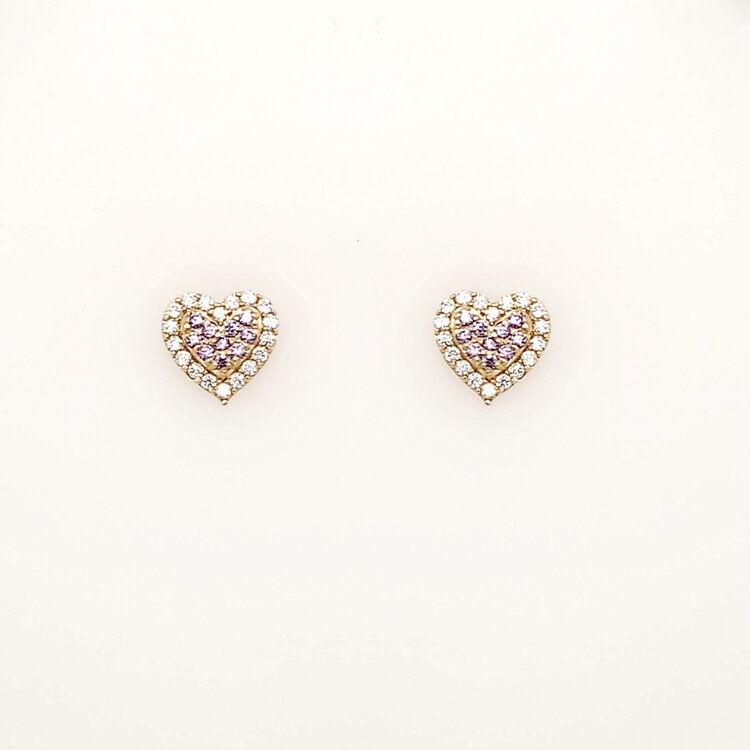 31444 14K YELLOW GOLD WHITE AND PURPLE CUBIC ZIRCONIA RAISED CENTER HEART HALO SCREWBACKS BABY EARRINGS