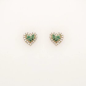 31447 14K YELLOW GOLD WHITE AND GREEN CUBIC ZIRCONIA RAISED CENTER HEART HALO SCREWBACKS BABY EARRINGS