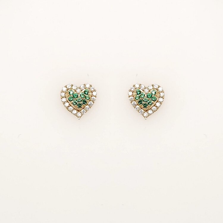 31447 14K YELLOW GOLD WHITE AND GREEN CUBIC ZIRCONIA RAISED CENTER HEART HALO SCREWBACKS BABY EARRINGS