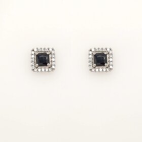 31454 14K WHITE GOLD SQUARE ONYX CUBIC ZIRCONIA HALO STUDS SCREWBACKS EARRINGS
