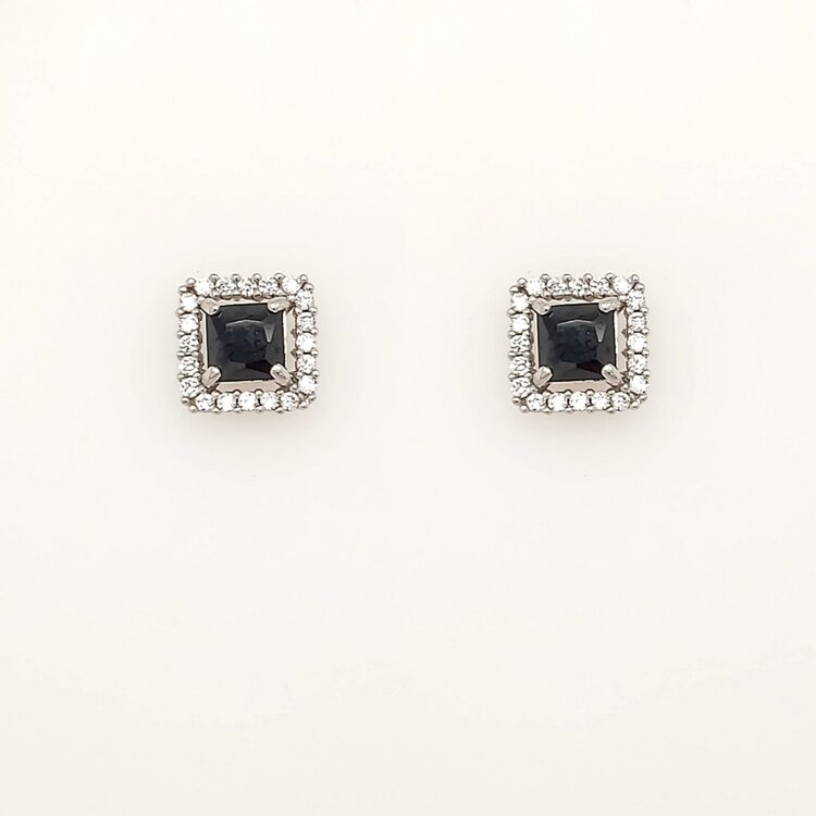 31454 14K WHITE GOLD SQUARE ONYX CUBIC ZIRCONIA HALO STUDS SCREWBACKS EARRINGS