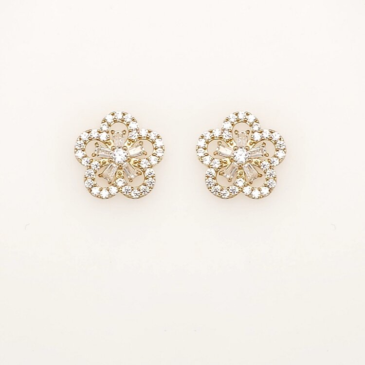 31441 14K YELLOW GOLD CUBIC ZIRCONITA CUT OUT FLOWER SCREWBACKS STUDS EARRINGS