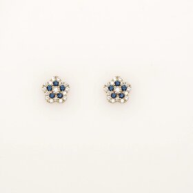 31453 14K YELLOW GOLD 5.80MM BLUE AND WHITE CUBIC ZIRCONIA FLOWER SCREWBACKS