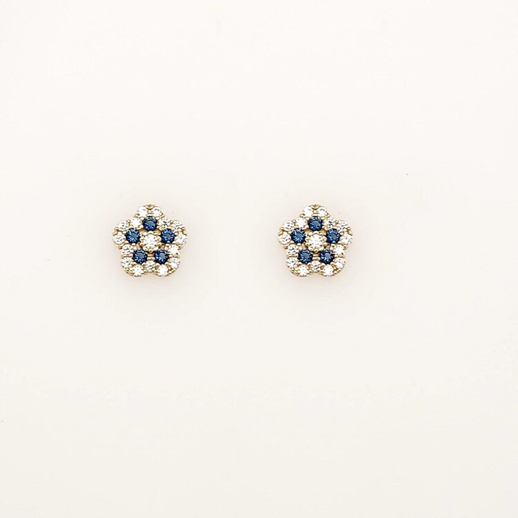 31453 14K YELLOW GOLD 5.80MM BLUE AND WHITE CUBIC ZIRCONIA FLOWER SCREWBACKS