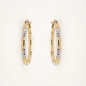 31464 14K TWO TONE 0.90" 2MM HIGH POLISH DIAMOND CUT OVAL HOOPS