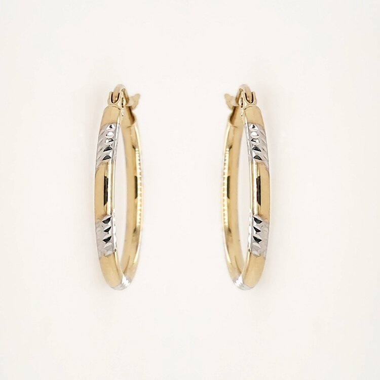 31464 14K TWO TONE 0.90" 2MM HIGH POLISH DIAMOND CUT OVAL HOOPS