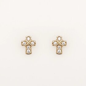 31465 14K YELLOW GOLD CUBIC ZIRCONIA PETITE CROSS SCREWBACKS BABY EARRINGS STUDS