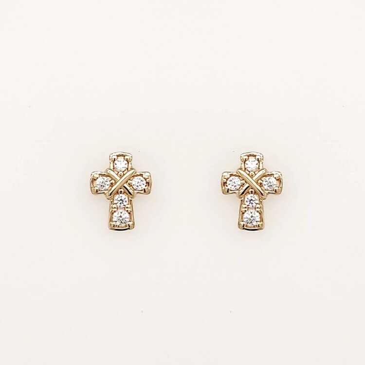 31465 14K YELLOW GOLD CUBIC ZIRCONIA PETITE CROSS SCREWBACKS BABY EARRINGS STUDS