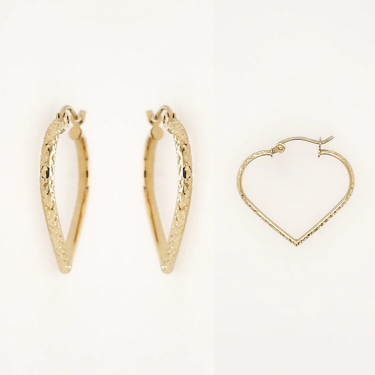 31463 14K YELLOW GOLD 0.90" DIAMOND CUT HEART SHAPE HOOPS