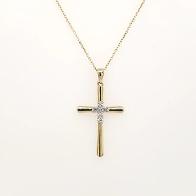 75030 14K YELLOW GOLD .10CTW DIAMOND SMALL CROSS CENTER HIGH POLISH CROSS PENDANT NECKLACE