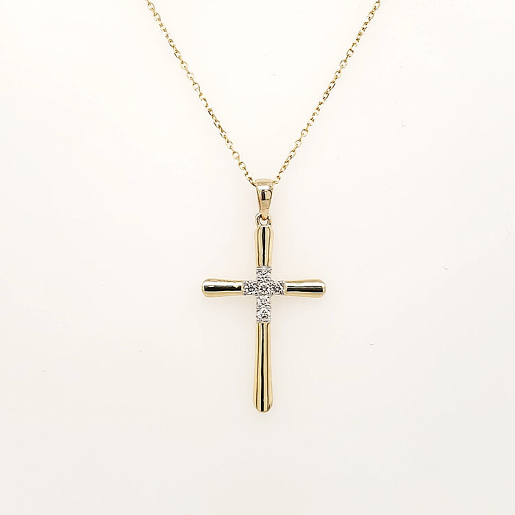 75030 14K YELLOW GOLD .10CTW DIAMOND SMALL CROSS CENTER HIGH POLISH CROSS PENDANT NECKLACE