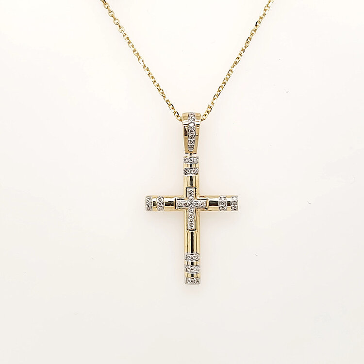 75093 14K YELLOW GOLD .12CTW DIAMOND CENTER AND EDGES CROSS PENDANT NEKCLACE