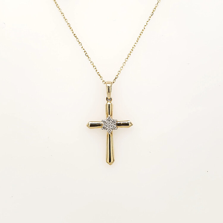 75094 14K YELLOW GOLD .11CTW DIAMOND CLUSTER FLOWER CENTER HIGH POLISH CROSS PENDANT NECKLACE