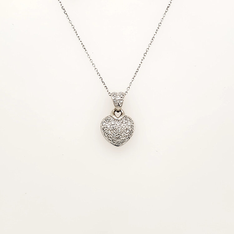 70731 14K WHITE GOLD .28CTW DIAMOND PAVE SET   PUFFY HEART PENDANT NECKLACE