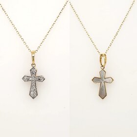 75097 14K YELLOW GOLD .14CTW DIAMOND MOTHER OF PEARL REVERSIBLE PETITE CROSS PENDANT NECKLACE