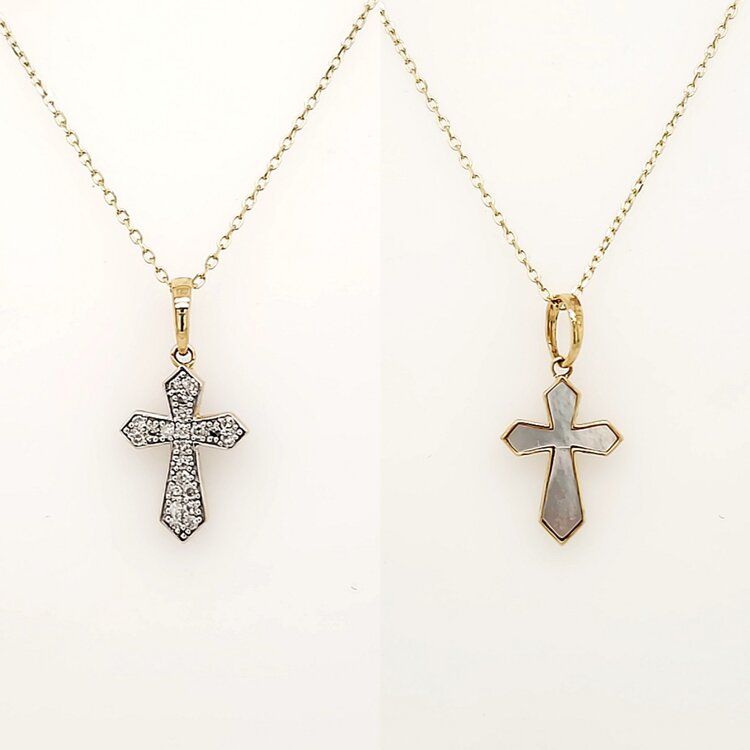 75097 14K YELLOW GOLD .14CTW DIAMOND MOTHER OF PEARL REVERSIBLE PETITE CROSS PENDANT NECKLACE
