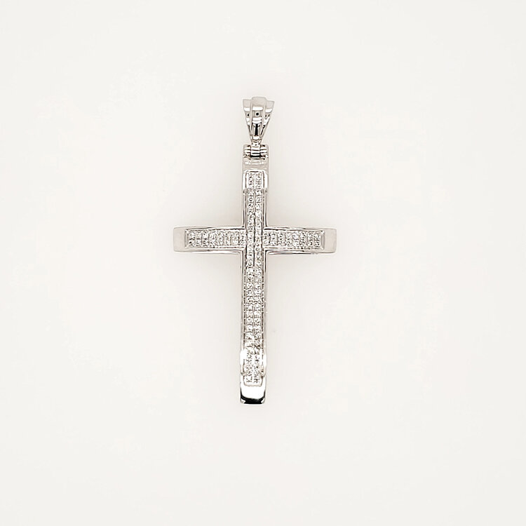 77330 14K WHITE GOLD .23CTW DIAMOND BEADED PRONG DOUBLE ROW CURVED CROSS CHARM