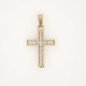 77332  14K YELLOW GOLD .48CTW DIAMOND BEADED BORDER CUFFED TIPS CROSS CHARM