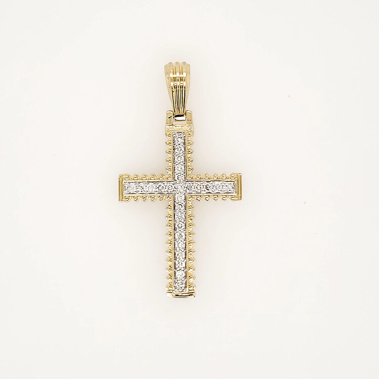 77332  14K YELLOW GOLD .48CTW DIAMOND BEADED BORDER CUFFED TIPS CROSS CHARM