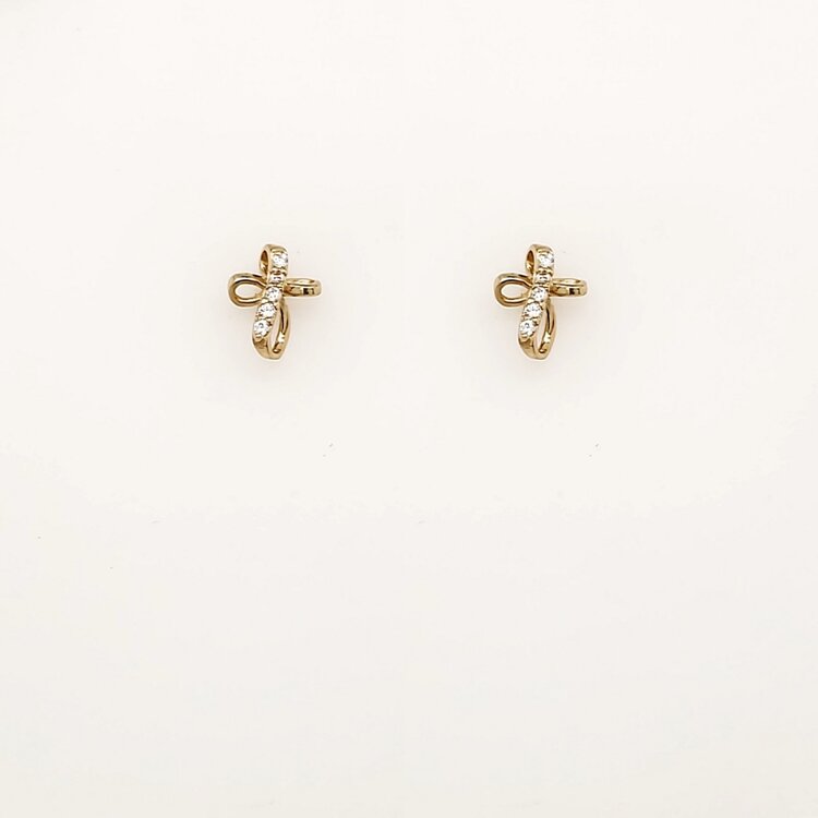 31482 14K YELLOW GOLD CUBIC ZIRCONIA PETITE CROSS BABY EARRINGS STUDS SCREWBACKS