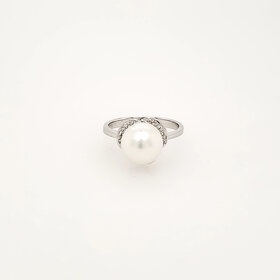 40047 18K WHITE GOLD  9MM PEARL DIAMOND FLOWER SHAPE LADIES RING