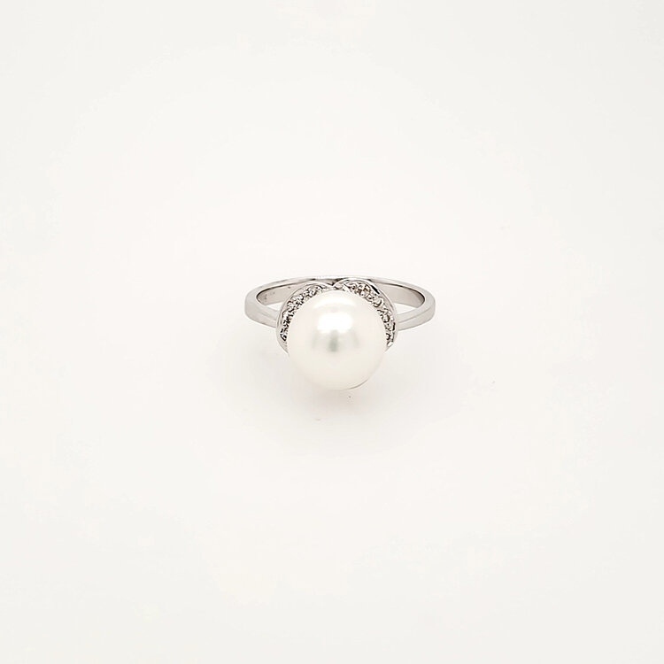 40047 18K WHITE GOLD  9MM PEARL DIAMOND FLOWER SHAPE LADIES RING
