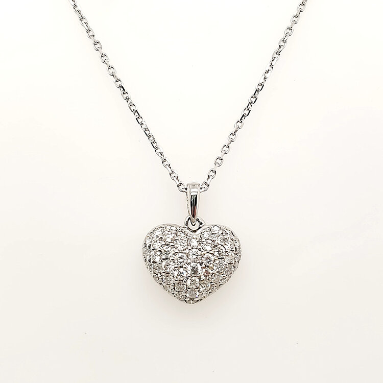 70732 14K WHITE GOLD 1CTW DIAMOND PUFFY PAVE HEART PENDAT NECKLACE