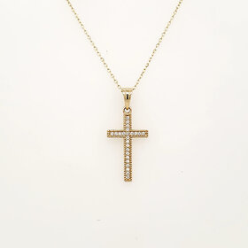 70735 14K YELLOW GOLD CUBIC ZIRCONIA BEADED BORDERS CROSS PENDANT NECKLACE