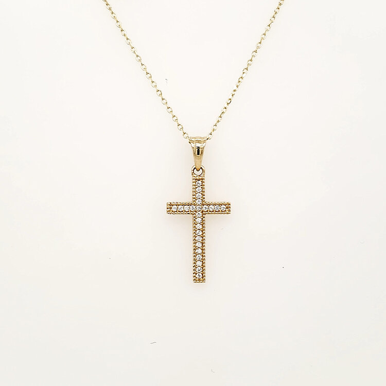 70735 14K YELLOW GOLD CUBIC ZIRCONIA BEADED BORDERS CROSS PENDANT NECKLACE