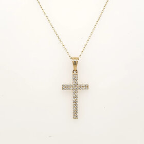 70733 14K YELLOW GOLD DOUBLE ROW CUBIC ZIRCONIA CROSS PENDANT NECKLACE