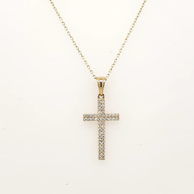 70733 14K YELLOW GOLD DOUBLE ROW CUBIC ZIRCONIA CROSS PENDANT NECKLACE