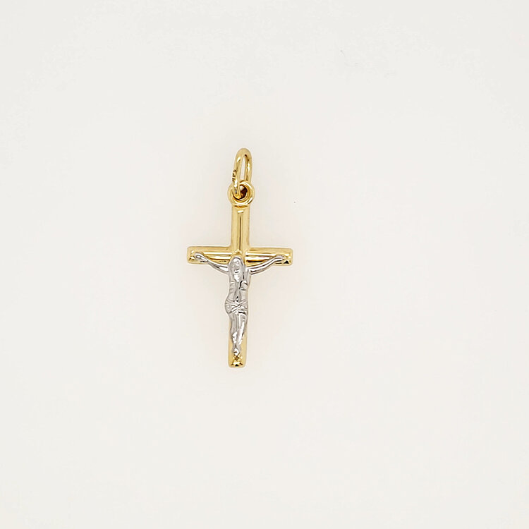 77339 14K TWO TONE 0.95" HIGH POLISH TUBE  PETITE CRUCIFIX
