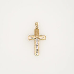 77333 14K YELLOW GOLD 0.95" SATIN FINISH HIGH POLISH BORDERS CRUCIFIX