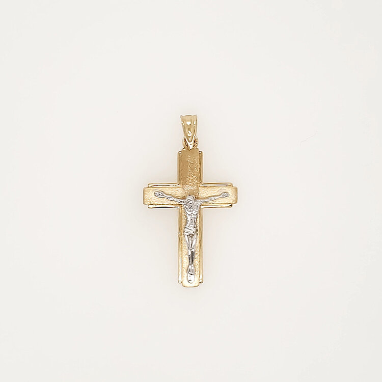 77333 14K YELLOW GOLD 0.95" SATIN FINISH HIGH POLISH BORDERS CRUCIFIX