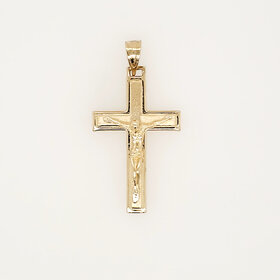 77334 14K YELLOW GOLD1.30"  HIGH POLISH LINED BORDER SATING FINISH CRUCIFIX