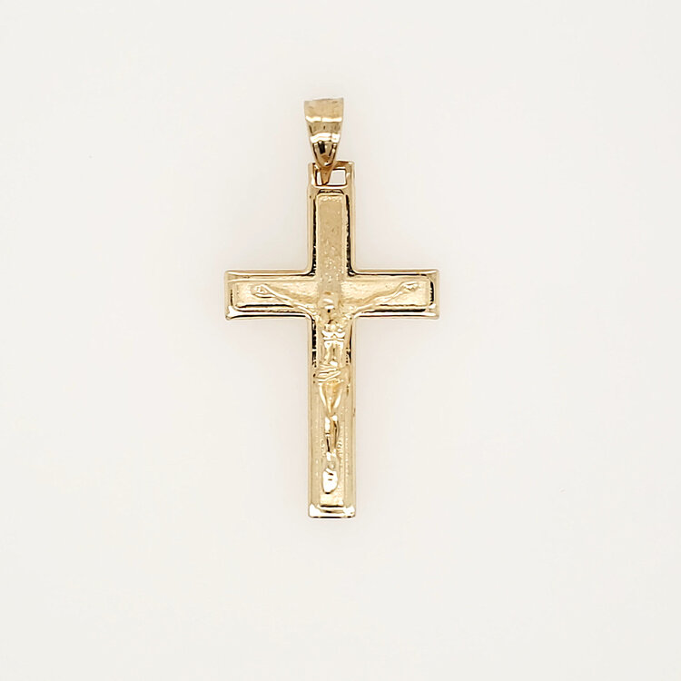 77334 14K YELLOW GOLD1.30"  HIGH POLISH LINED BORDER SATING FINISH CRUCIFIX