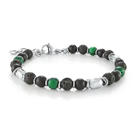 SMB777 ITALGEM STAINLESS STEEL MALACHITE ONYX AND LAVA STONE BEADS BRACELET