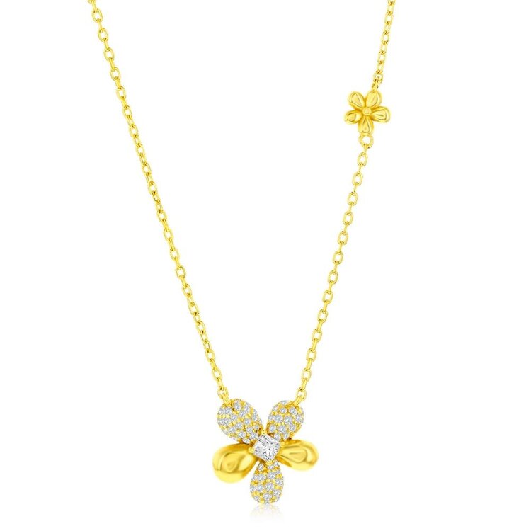 80520 STERLING SILVER GOLD PLATED HIGH POLISH PAVE CUBIC ZIRCONIA FLOWER NECKLACE