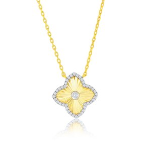 80521 STERLING SILVER GOLD PLATED CUBIC ZIRCONIA DIAMOND CUT CLOVER STYLE NEKCLACE