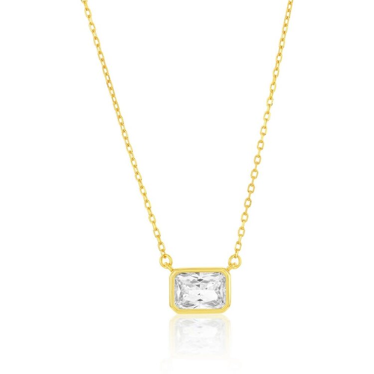 80522 STERLING SILVER GOLD PLATED BEZEL SET EMERALD CUT CUBIC ZIRCONIA NECKLACE