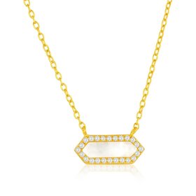 80524 STERLING SILVER GOLD PLATED HEXAGON MOTHER OF PEARL CUBIC ZIRCONIA NECKLACE