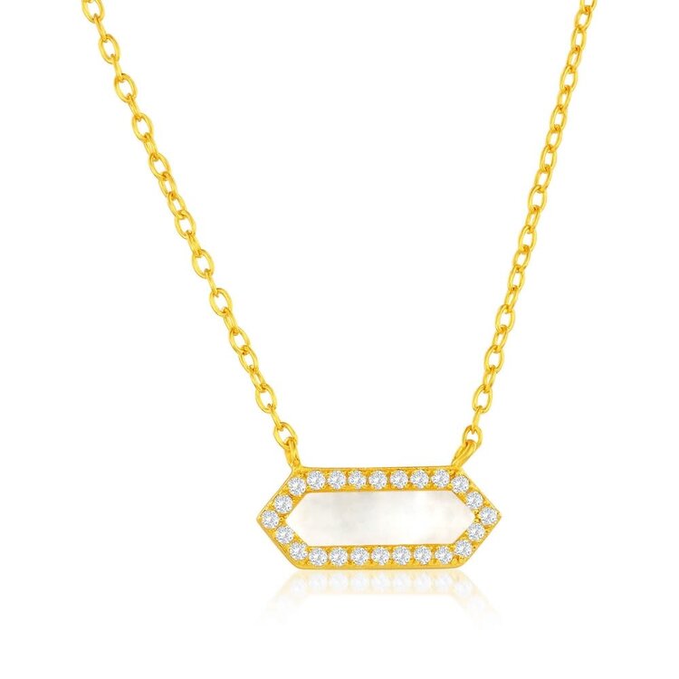 80524 STERLING SILVER GOLD PLATED HEXAGON MOTHER OF PEARL CUBIC ZIRCONIA NECKLACE