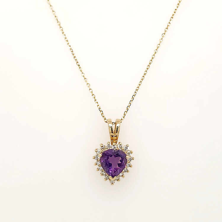 70740 14K YELLOW GOLD .20CTW DIAMOND  HALO HEART SHAPE AMETHYST PENDANT NECKLACE