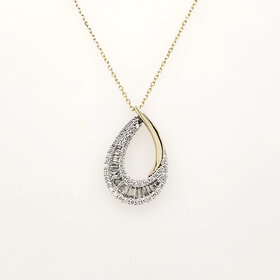 70748 14K TWO TONE .27CTW DIAMOND ROUND AND BAGUETTE OPEN DROP PENDANT NECKLACE